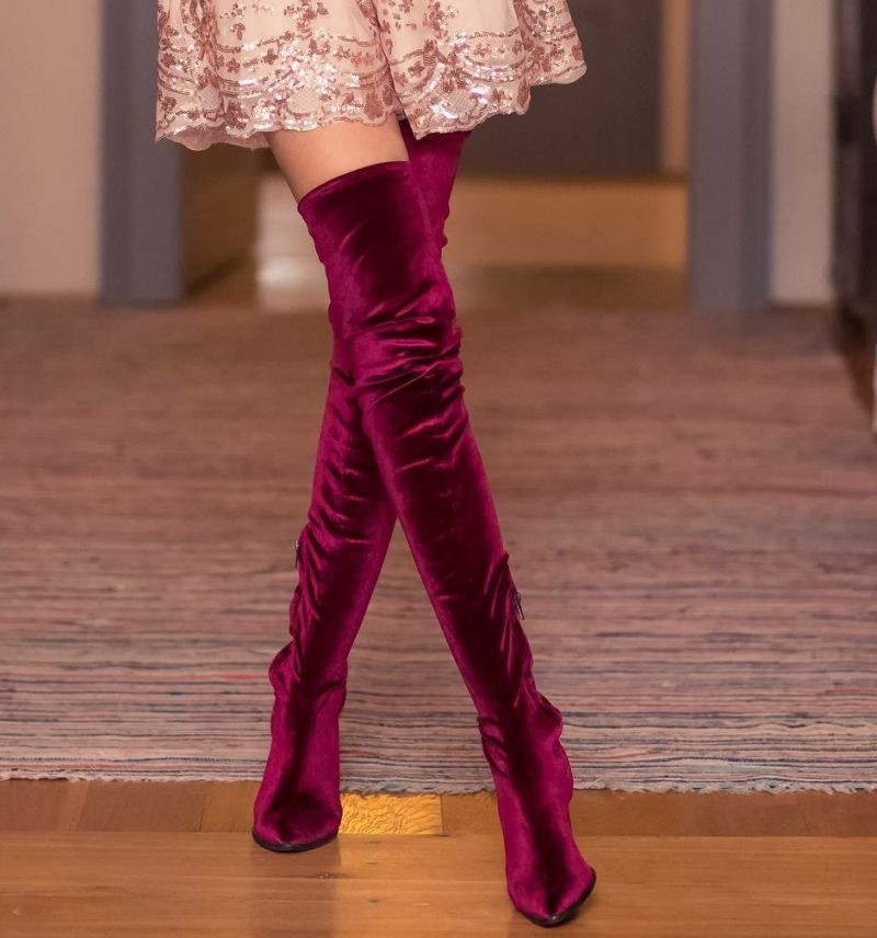 burgundy velvet thigh high boots