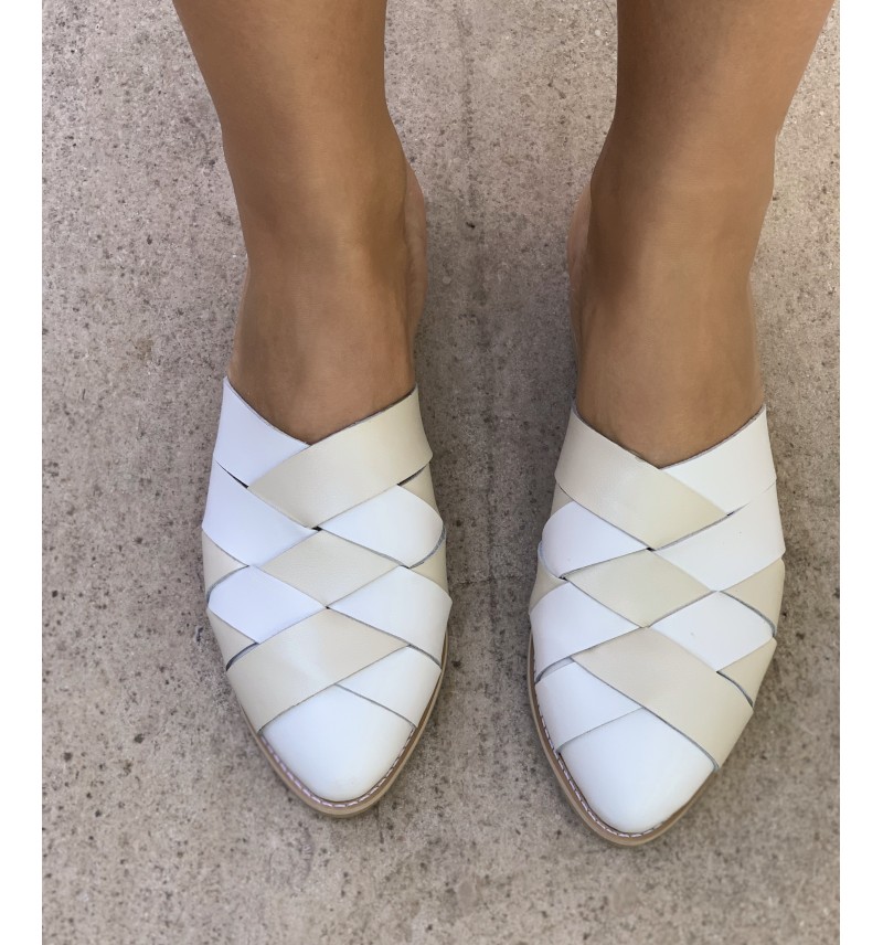 white ruched mules